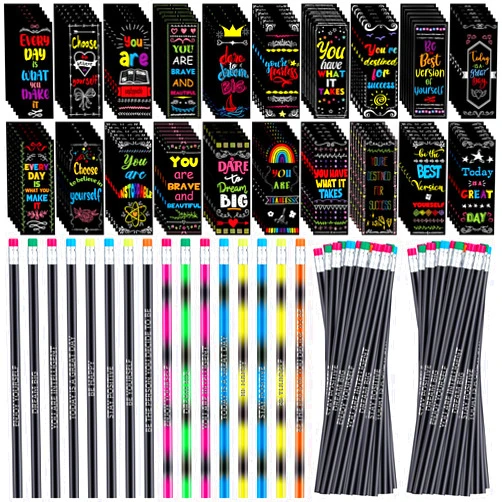 TecUnite 240 Pcs Inspirational Pencils and Inspirational Bookmarks Set 120 Motivational Book Marks 120 Thermochromic Color Changing Pencils for Students Teachers Reward Gifts