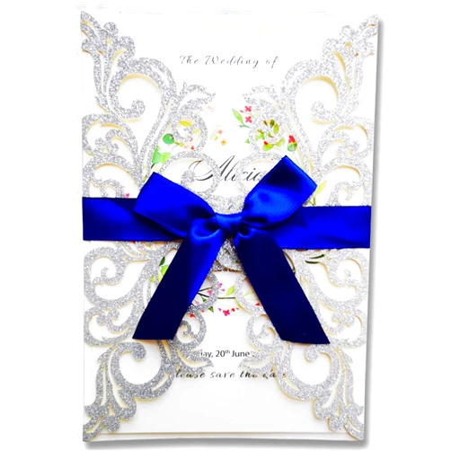 FASTERCY 5x7.3 Inch 50PCS Blank Silver Glitter Wedding Invitations Kit with Envelopes Laser Cut Hollow Flora Pocket Quinceanera Invitation Cards for Wedding Birthday Invites