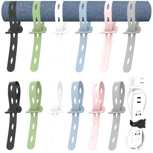 Nearockle 12Pcs Reusable Cable Ties, 10x0.6inch Elastic Silicone Cord Organizer Straps for Bundling and Organizing Cable Wires, Extendable Cable Management in Home, Kitchen, Closet, Office(6 Colors)