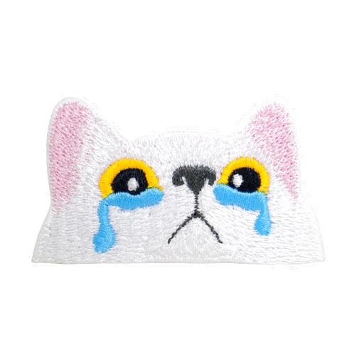 Pipomama White Cat Face Iron On Patches for Clothing Embroidered Applique Patch Badge Sew On Cry Cat Emblem DIY Craft (Cry Cat)