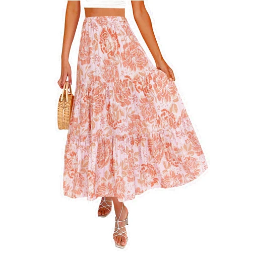 ZESICA Women's 2024 Summer Plaid Flower Elastic High Waist Flowy A Line Maxi Skirt with Pockets