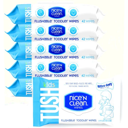 Nice 'N CLEAN Flushable Toddler Wipes 42ct (6-Pack) | 100% Plant-Based, Unscented Wet Wipes for Sensitive Skin | Potty Training Essentials | Flushable Baby Wipes for All Ages