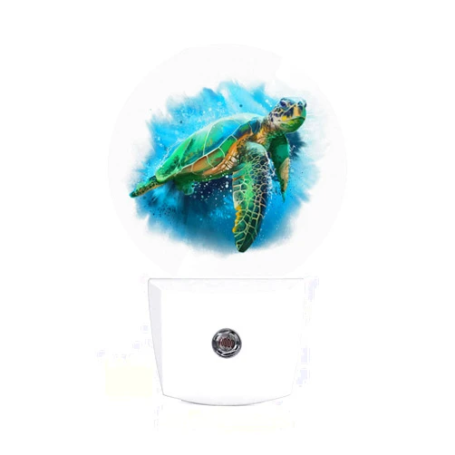 Axayaz Turtle Dusk to Dawn Round Night Light Ocean Sea Tortoise Green Watercolor Auto Sensor Lamp Home Indoor Stairway Kitchen Corridor