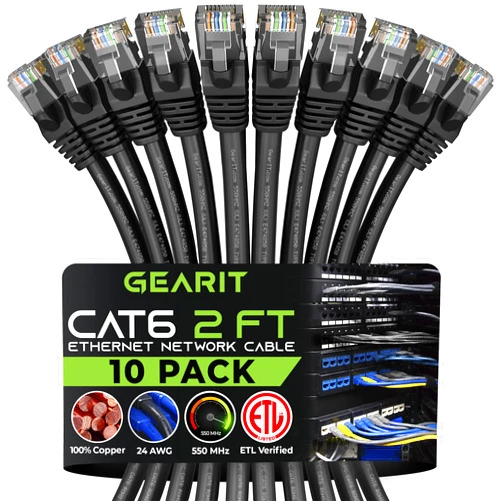 GearIT 10 Pack, Cat 6 Ethernet Cable Cat6 Snagless Patch 2 Feet - Computer LAN Network Cord, Black - Compatible with 10 Port Switch POE 10port Gigabit