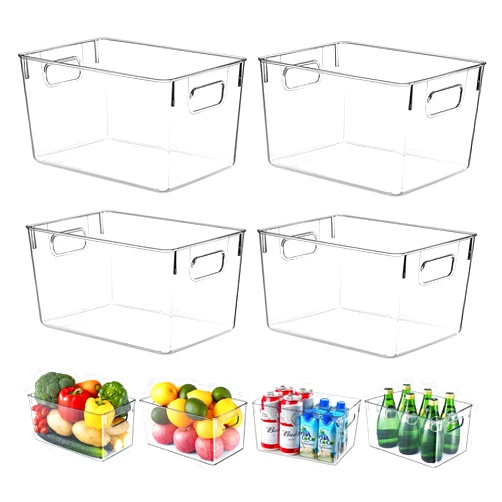 KJIXYUNG Fridge Organiser Set, Transparent Storage Box Organiser, Stackable, Organiser Boxes for Fridge, Cupboard, Pantry, Snacks, Cans, Kitchen - BPA-Free, 29 x 20 x 15.5 cm