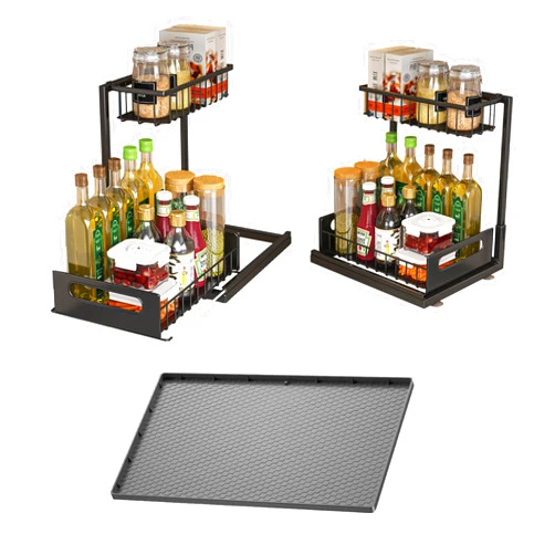 PEXOMEDO 2 Pack Under Sink Organizers & Waterproof Mat,2-Tier Multi-Use Shelves and Storage with Sliding Drawer,Silicone Liner Bathroom Cabinet Shelf Protector Kitchen organizer,Cabinet Mat Organizer Drip Tray