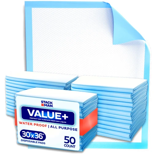 Stack Man Chucks Pads Disposable 30x36 Underpads [50-Pack] Incontinence Chux Pads Absorbent Fluff Protective Bed Pads - Extra Large Pee Pads for Kids, Adults & Elderly | Leak Proof Puppy Pads for Training - XXL