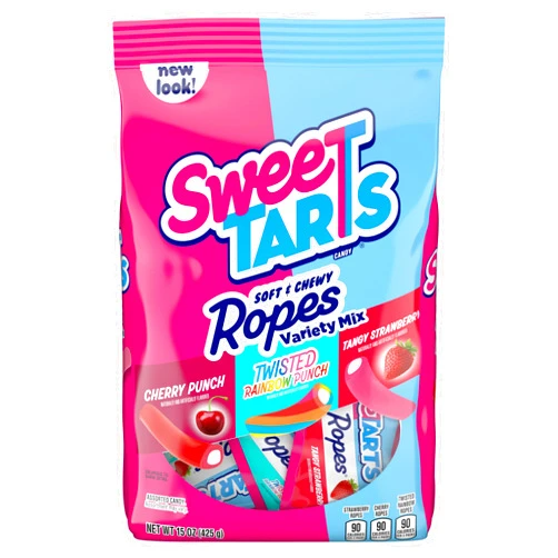 SweeTARTS Ropes Candy, Variety Mix, Cherry Punch, Twisted Rainbow Punch, Tangy Strawberry, Soft and Chewy, 15 oz