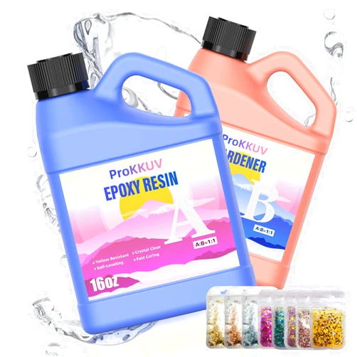 ProKKUV Epoxy Resin Kit, 32OZ Crystal Clear Resin Epoxy, Bubble Free, No Yellowing, UV Resistant, Food Safe with Foil Flakes, Sequin, Easy Mix 1:1 for DIY Crafts Resin Jewelry Making(16OZ x 2)