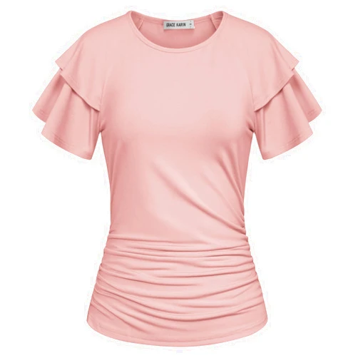 GRACE KARIN Women's 2024 Summer Tops Ruffle Sleeve Basic T Shirts Casual Ruched Work Dressy Blouses