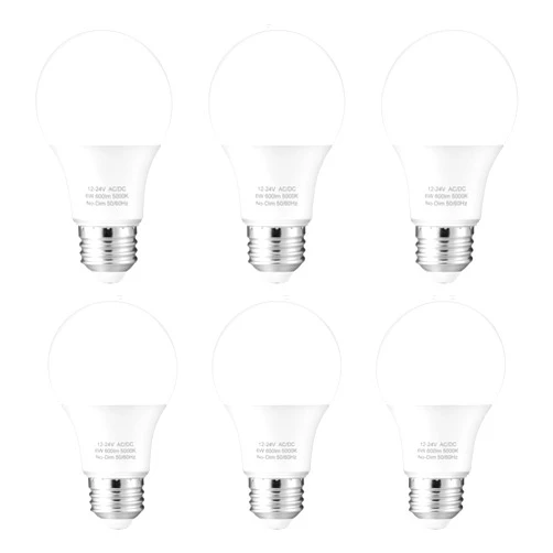 Maelsrlg 12V LED Bulb 6W(50W Equivalent), Daylight 5000K, 12V-24V AC/DC, 600 Lumens, Non-Dimmable, A19 12V DC LED Light Bulbs, E26 Base, Pack of 6