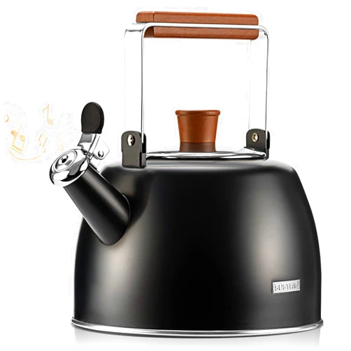 SUSTEAS Tea Kettle - 2.3QT Whistling Teapot for Stovetop - Chic 18/8 Stainless Steel Tea Pots for Stove Top with Wood Pattern Folding Handle, Suitable for All Heat Sources (Black)