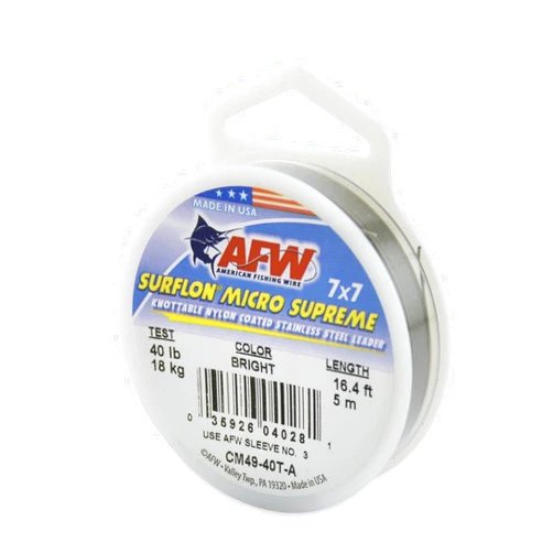 AFW American Fishing Wire Surflon Micro Supreme Nylon Coated 7x7 Stainless Steel Leader Wire - Knottable Wire Leaders for Fishing Saltwater, Fly Fishing, 13lb Test - 90lb Test, Bright, Black & Camo Colors