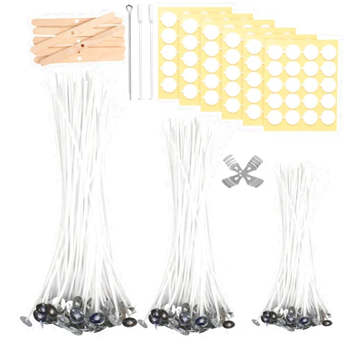 Qiqibaobao Candle Wicks Kit,120 Candle Wicks, Wick Stickers and 10 Pcs Wooden Candle Wick Holders, for Candle Making Supplies (4 