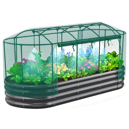 Quictent Galvanized Raised Garden Bed Kit with Self Watering System and Mesh Cover, Large Oval Metal Outdoor Planter Garden Boxes for Vegetables Herbs Flowers, 8x3x1Ft