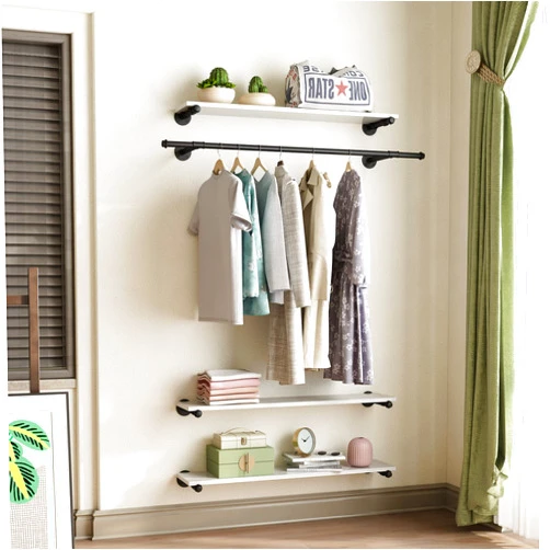 HOMEKAYT Industrial Pipe Clothing Rack Wall Mounted Gold Clothes Rack with Wooden Shelf Vintage Hanging Rack for Bedroom, Living Room-Black