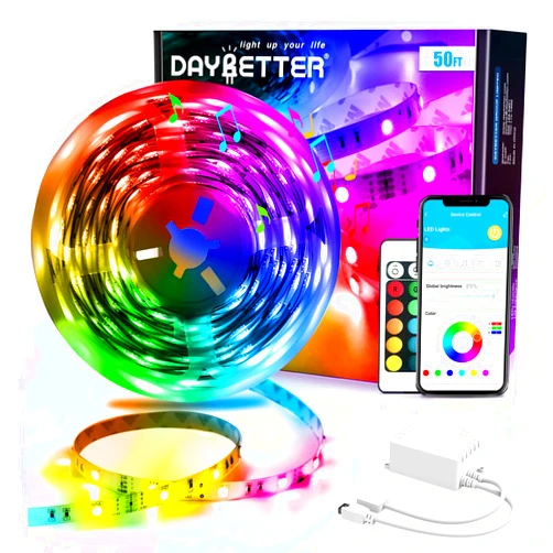 DAYBETTER Led Strip Lights Smart with App Control Remote, 5050 RGB for Bedroom, Music Sync Color Changing for Room Party 50ft