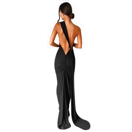 Suillty Women's Sexy Oblique Shoulder Backless Maxi Dress Ruched Back Strap Sleeveless Party Club Long Dresses Bodycon