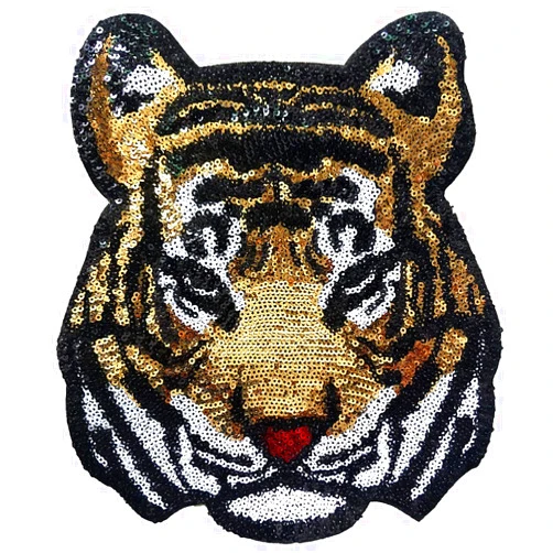 Locomo Large Sequin Tiger Head Iron On Patch Sew On Patch Sparkling Bengal DIY Applique Motif for Kid Adult Clothing Jacket Backpack Decoration