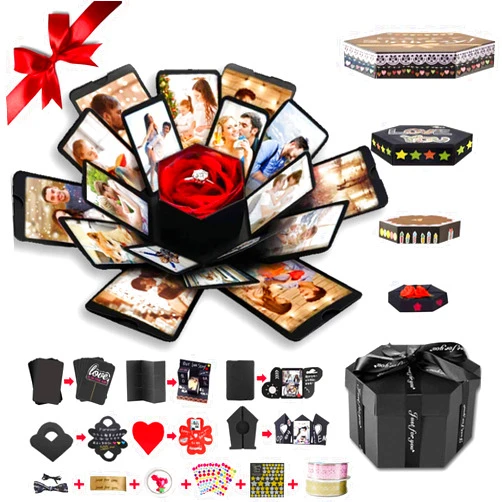 Wanateber Explosion Box, DIY Explosion Box with 6 Faces, Main Part Assembled Handmade Photo Box Album for Birthday Gift, Anniversary, Valentine's Day, Wedding (Black)