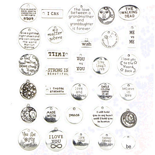Zymise Dijkoo Dstertech 31 PCS Inspiration Word Charms Collection - Antique Silver Round Rectangle Inspiration Words, Metal Pendants for Necklace, Bracelet, Craft Jewelry Making DIY Findings