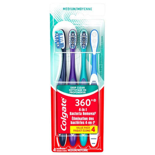 Colgate 360 Whole Mouth Clean , Medium Toothbrush for Adults, 4 Pack, Packaging May Vary