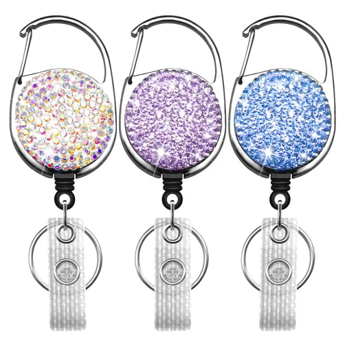 SQEYYGI 3PCS Badge Holder Retractable Clip with Bling Rhinestones Crystal for Women, Sparkly Badge Reel with Belt Clip and Key Ring (AB Clour + Blue + Violet)