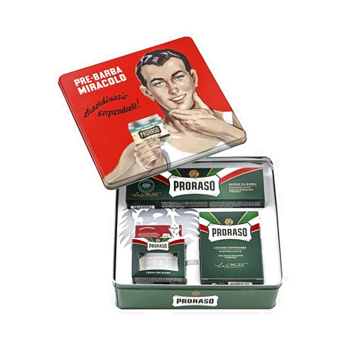 Proraso Shaving Kit for Men | Refreshing and Toning Pre-Shave Cream, Shaving Cream Tube and After Shave Balm in Vintage Gino Tin | All Skin Types