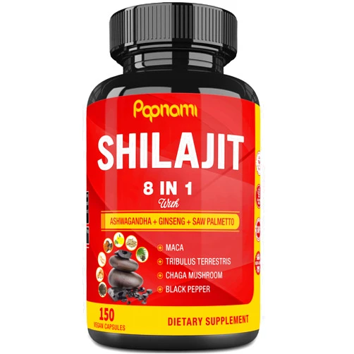 Papnami Shilajit Himalayan Supplement for Men & Women - 150 Capsules Combined Ashwagandha, Ginseng, Saw Palmetto, Maca, Tribulus, Chaga & Black Pepper - Vitality Energy and Immune Supports