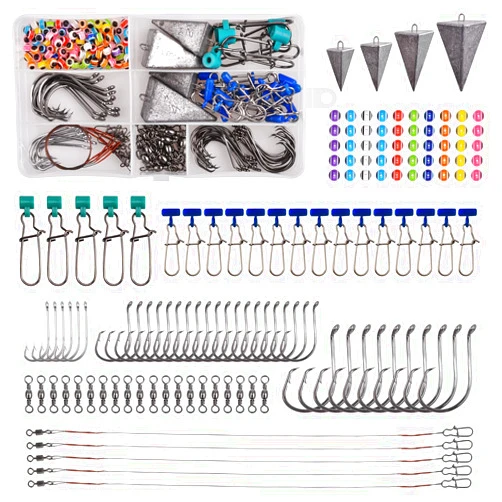 JSHANMEI 135pcs Surf Fishing Fish Finder Rig Saltwater Fishing Surf Rigs Live Bait Rigs Fishing Kit Tackle Box Include Pyramid Sinker Weights Sinker Slider Fishing Hooks Leaders Swivels Beads Fishing Equipment