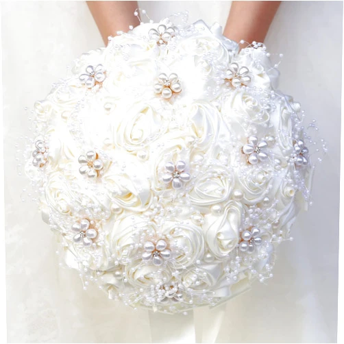 Gkvszy Ivory Bridal Wedding Bouquet Handmade with Rhinestone Pearl Ribbon Satin Rose Flower Bouquet for Bride Bridesmaid Quinceanera Bouquet Wedding Ivory 8.7in