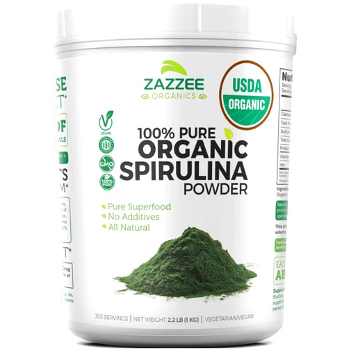 Zazzee USDA Certified Organic Spirulina Powder, 2.2 Pounds (1 KG), 303 Servings, 100% Pure, Non-Irradiated, Mess-Free Wide Mouth Container, Fresh Smell and Neutral Taste, Vegan, Non-GMO, Gluten-Free