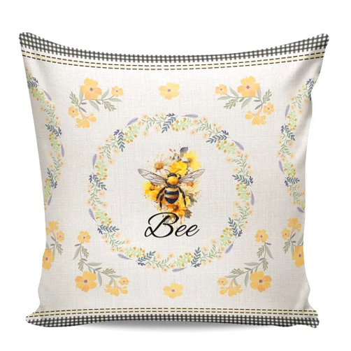 Victoroes Vintage Bee Decorative Cozy Soft Velvet Luxury Throw Pillowcase Covers Nature Wild Flower Wreath Checked Plaid Square Zipper Cushion Case for Couch Auto Bedroom 20x20IN