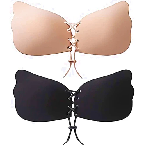 ASPCOK Invisible Adhesive Strapless Bra 2 Pack Sticky Push Up Silicone Bra with Drawstring for Women