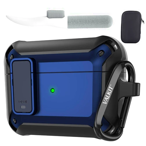 Valkit for Airpods Pro Case Cover with Lock, Military Armor Series Full-Body AirPod Pro Case with Keychain Cool Air Pod Pro Shockproof Protective Case for AirPods Pro 2019, Black/Blue