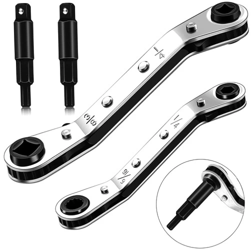 Btanadi Hvac Service Wrench Tools:3/16” to 3/8” 5/16'' x 1/4''Air Conditioner Valve Ratchet Wrench with 2 Hexagon Bit Adapter Kit for Air Refrigeration and Equipment Repair Tools Clearance