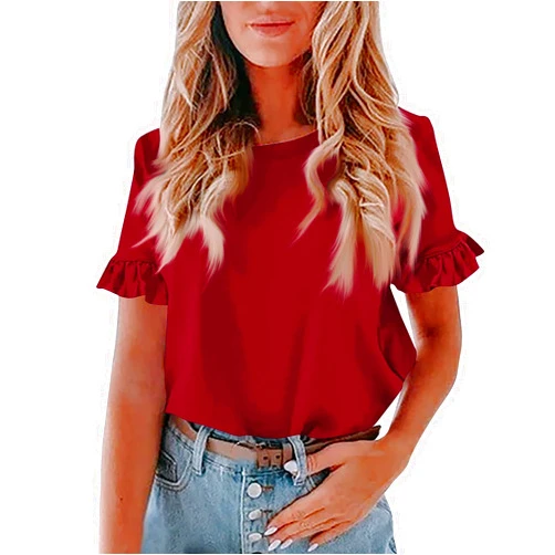 Generic Womens Summer Tops Ruffle Short Sleeve Shirts Casual Solid Color Crewneck T-Shirts 2024 Fashion Elegant Blouses