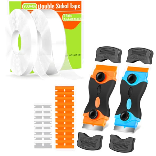 2 Rolls Double Sided Tape and 2 PCS Razor Blade Scrapers Bundle