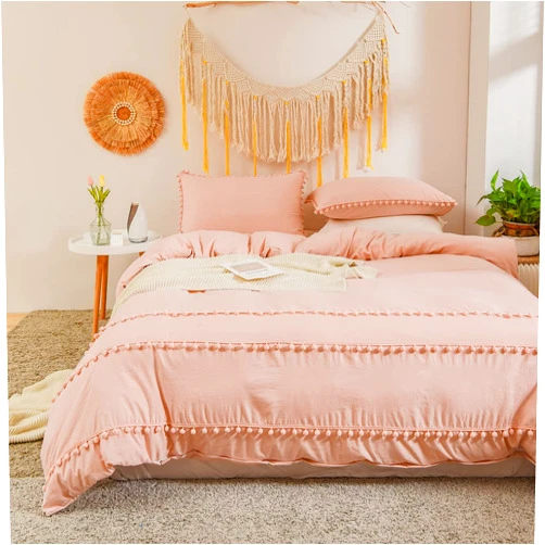 Jolusere Blush Pink Duvet Cover Set Queen Size Triple Ball Fringe Comforter Cover Aesthetic Boho Farmhouse Shabby Chic Soft Bedding Set White Fringe 3 Pieces Bed with Zipper and Closure
