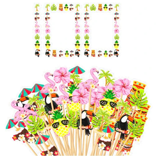 ABURRORI 100 Pcs Hawaiian Luau Assorted Cocktail Picks, Tropical Flamingo Pineapple Toucan Palm Leaf Bamboo Skewers Decorative Toothpicks For Appetizers Drinks Hawaii Party Decorations Beach Supplies (Luau)