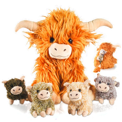 XYHQYB 5 Pcs Highland Cow Stuffed Animals with Babies Inside Scottish Plush Toys Set Mommy and 4 Cute Babies for Boys Girls Birthday Christmas Party Favors
