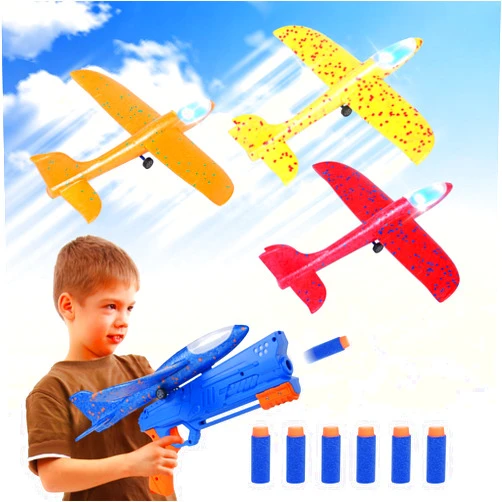 ANWIEL 4 Pack Airplane Launcher Toys, LED Foam Glider Catapult Plane Toy for Boys with 2 Flight Modes DIY Stickers Outdoor Sport Flying Toys Birthday Gifts for Girls Boys 4 5 6 7 8 9 10 11 12 Year Old