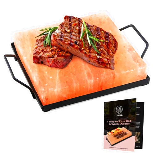 UMAID Himalayan Salt Block Cooking Plate 8x8x1.5 – Food Grade Pink Himalayan Salt Stone for Cooking, Grilling, Serving & Cutting, Unique Gifts for Men, Steel Tray & Grilling Recipe Booklet