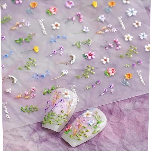 POWPOP Flower Nail Stickers for Nail Art - Flowers Nail Art Stickers Summer Floral Leaf Plant 5D Embossed Nail Decals Self-Adhesive Nails Supply Manicure Sliders Flower Stickers for Nails Decoration