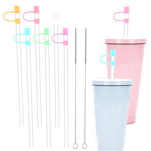 Tyqour Replacement Straws for Stanley 30 40 Oz Tumblers, 6 Reusable Clear Plastic Straws for Tumblers, 6 Tumbler Straw Cover Caps with 2 Cleaning Brush