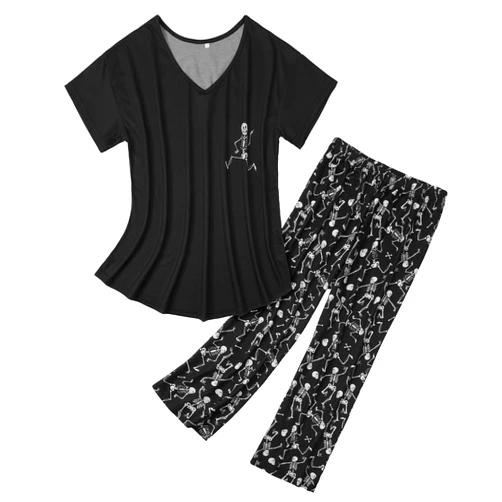 American Trends Womens Pajama Sets Two Piece Sleep Shirt Short Sleeve Cartoon Print Pj Set Tops with Capri Pants Sleepwear