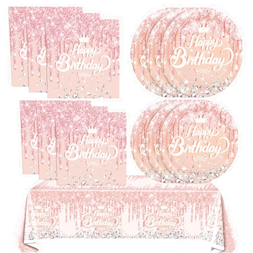 Juhap 41Pcs Rose Gold Birthday Party Decorations Pink Rose Gold Theme Birthday Party Supplies Birthday Tableware Includes 20 Plates 20 Napkins and 1 Tablecloth for Girls Women