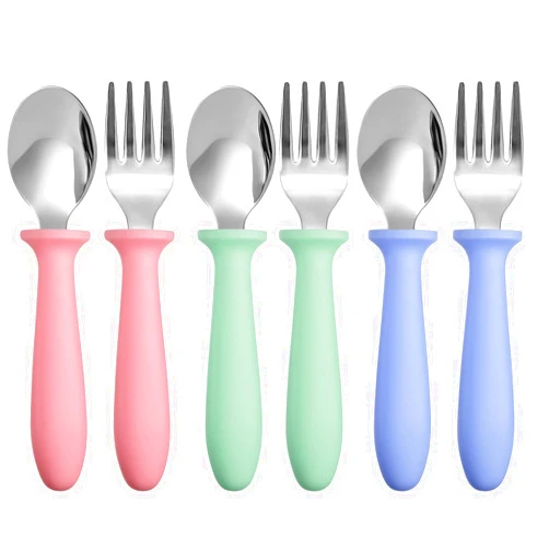 Pimoys 6 Pieces Toddler Utensils Forks and Spoons,Kids Silverware Set with Plastic Handle Stainless Steel Toddler Silverware,Dishwasher Safe