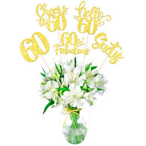 ZHUOWEISM 15PCS Happy 60th Birthday Centerpiece Sticks Hello 60 Fabulous Table Flower Centerpieces Sticks Sixty Cheers to 60 Years Floral Decoration for Happy 60th Birthday Party Centerpieces Sticks Gold