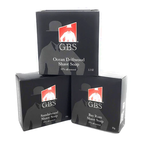 G.B.S GBS 97% All Natural Shave Soap - 3 Pack. Scents : Ocean Driftwood, Sandalwood and Bayrum. Creates a Rich Lather Foam for Wet Shaving Experience - Made with Shea Butter and Glycerin